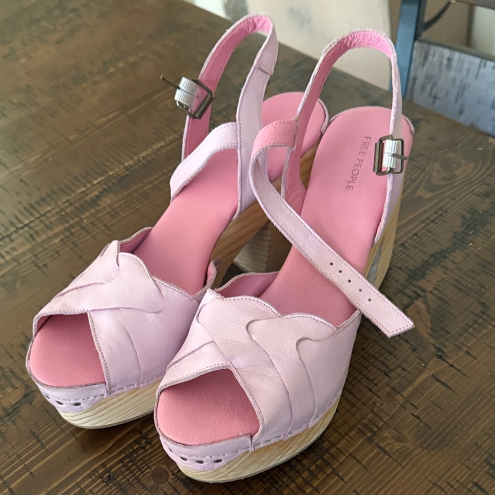 Free People Pink Leather Open-Toe Slingback Wedge Sandals